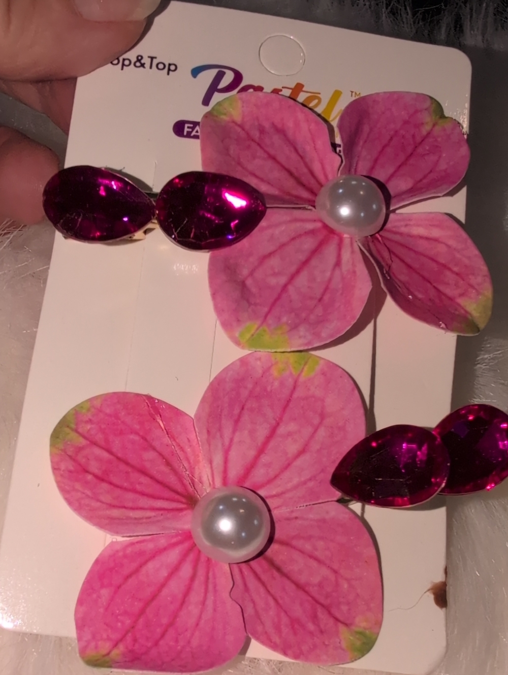 Pastels Dark Pink Floral Pearl Hair Clips with Fuchsia Gem Accents